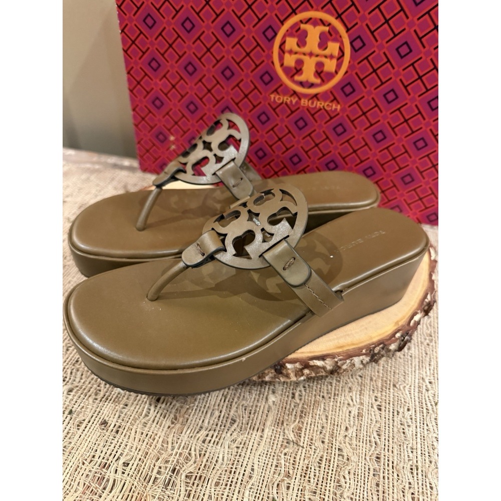NEW TORY BURCH MILLER WEDGE 25mm BROWN LEATHER SANDALS 6M - Picture 3 of 10